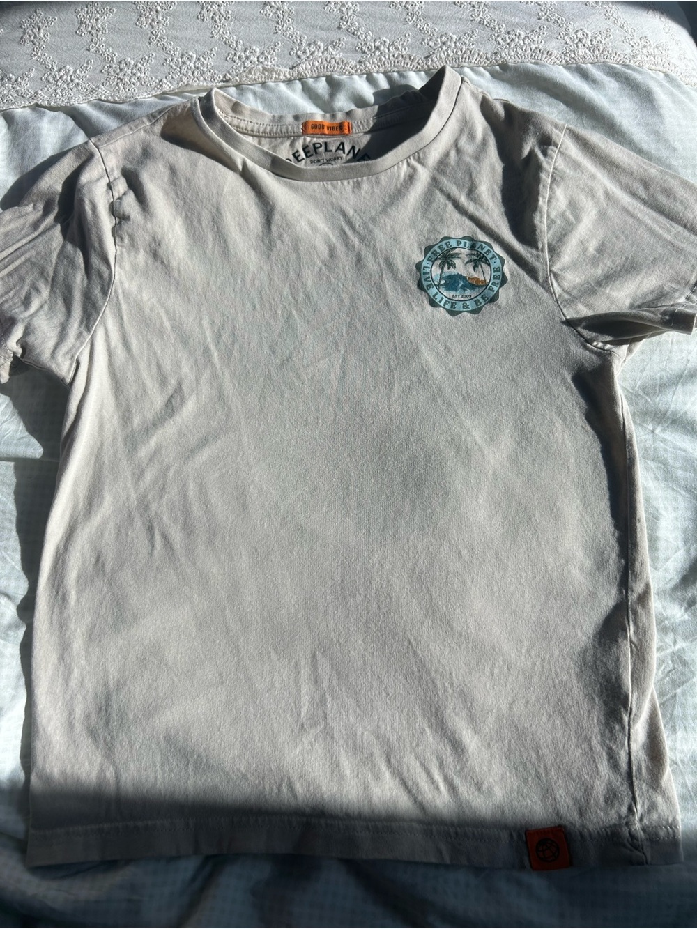 Free Planet Light Gray Tee with Teal Palm Graphic